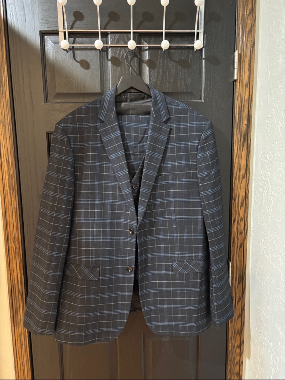 Men's Navy Plaid Two-Button Suit with Light Blue Windowpane